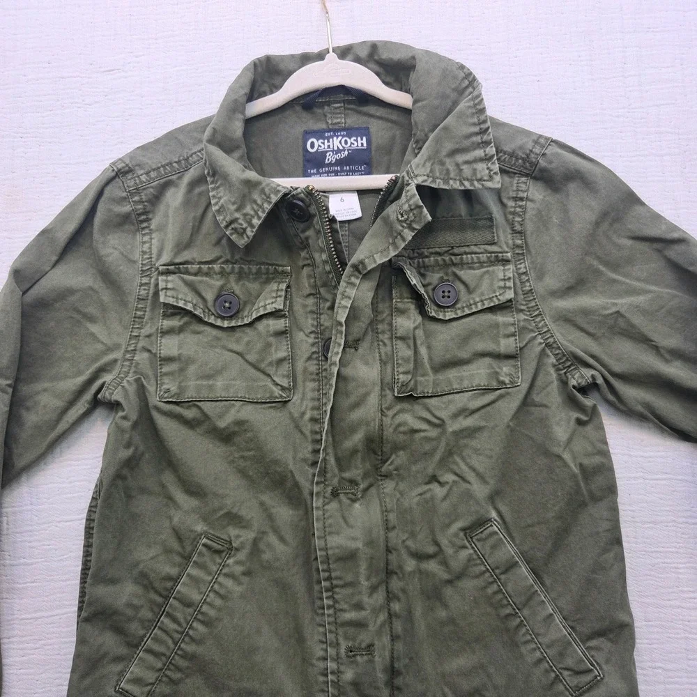 OshKosh Bgosh Boys Olive Green Field Jacket Military Utility Zip Up Size 6